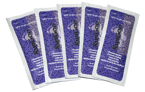 5 RunGoo single-use packets on white background