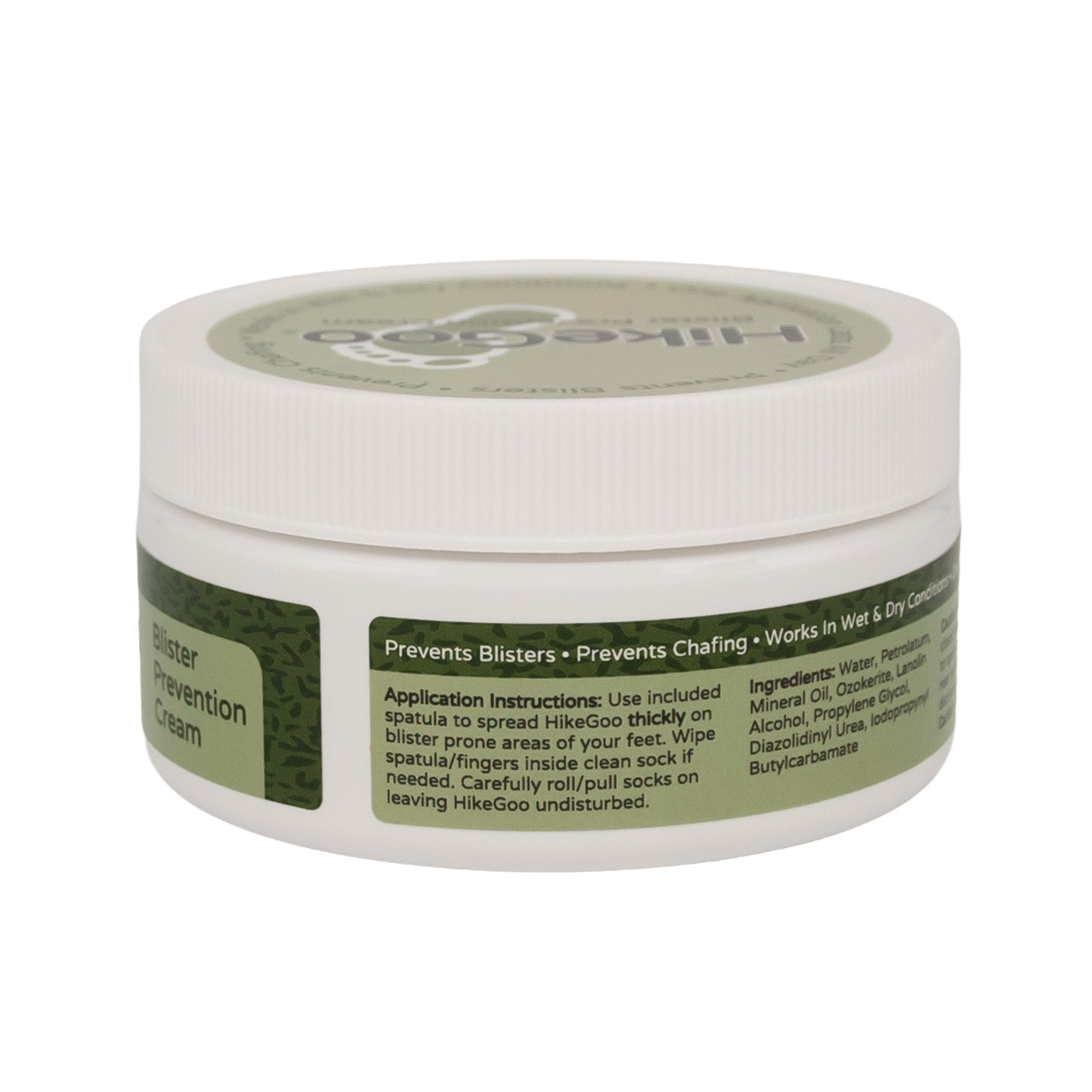 HikeGoo Jar with Application Instructions and ingredients side of label showing