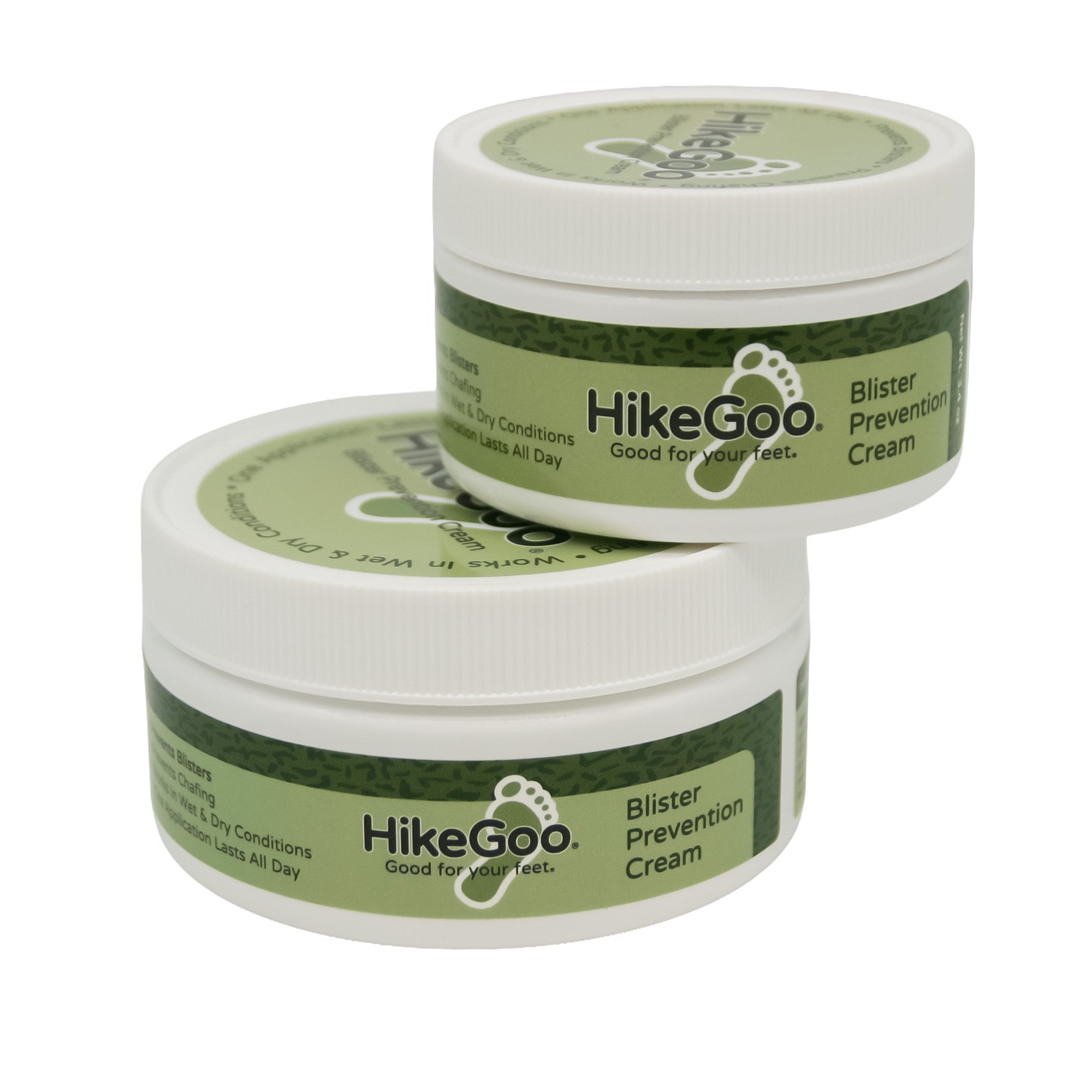 Two jars of HikeGoo Blister Prevention Cream on a white background