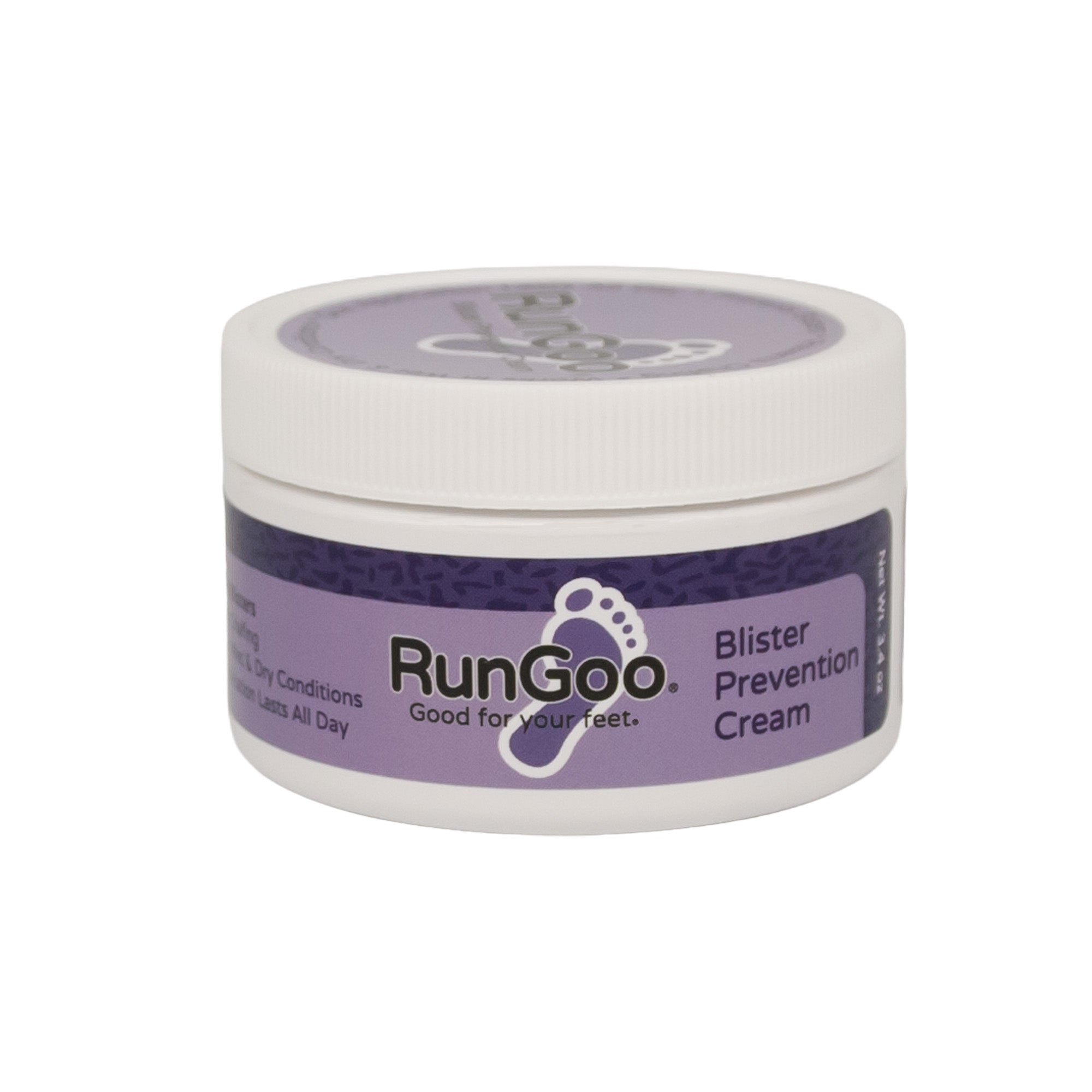 3.4 oz RunGoo blister prevention cream jar on a white background