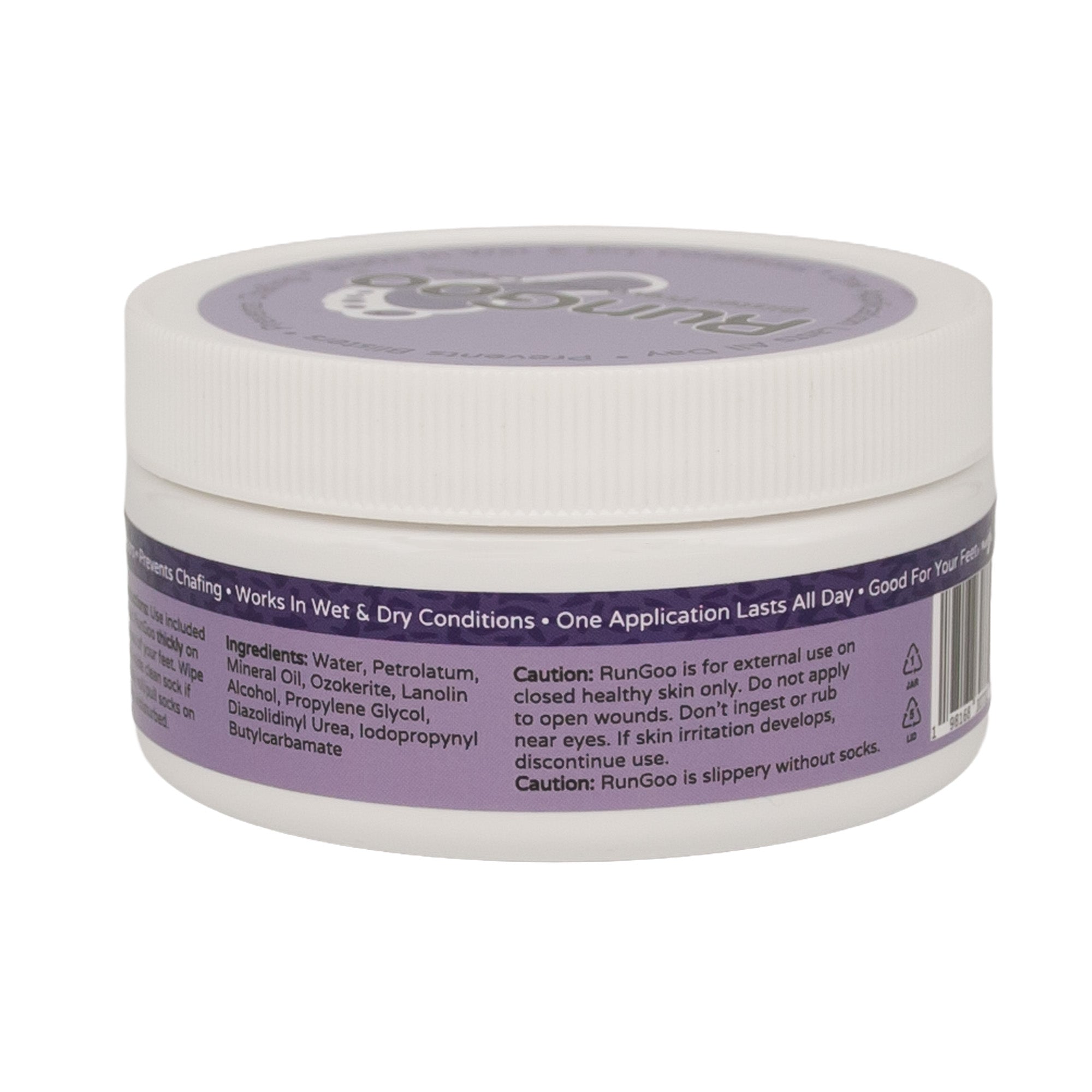 RunGoo jar with ingredients and caution statement side of label showing