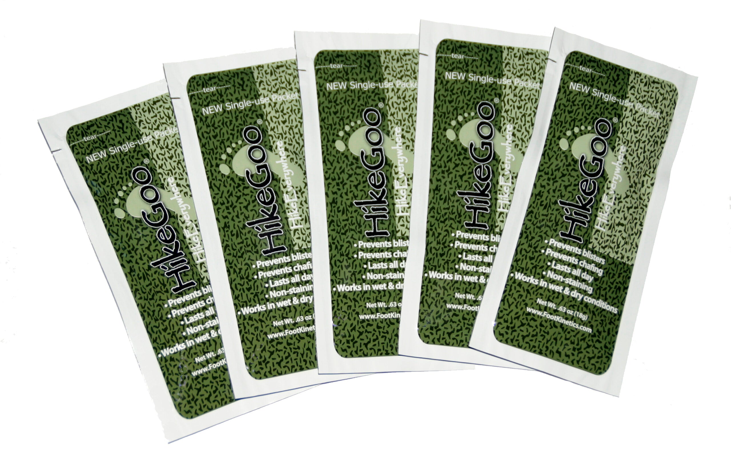 5 HikeGoo Single-Use Packets with white background